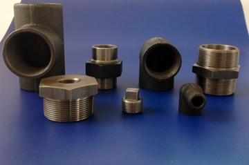 A selection of black wrought iron (mild steel) threaded pipe fittings to the BS EN 10241 standard